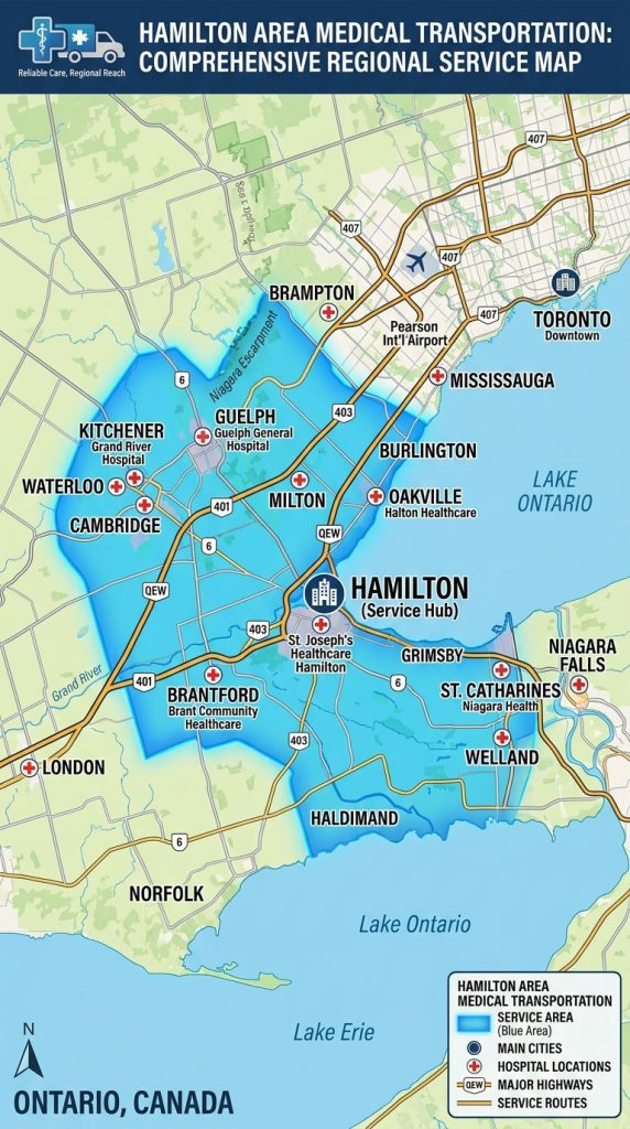 Map of Hamilton medical transport service area