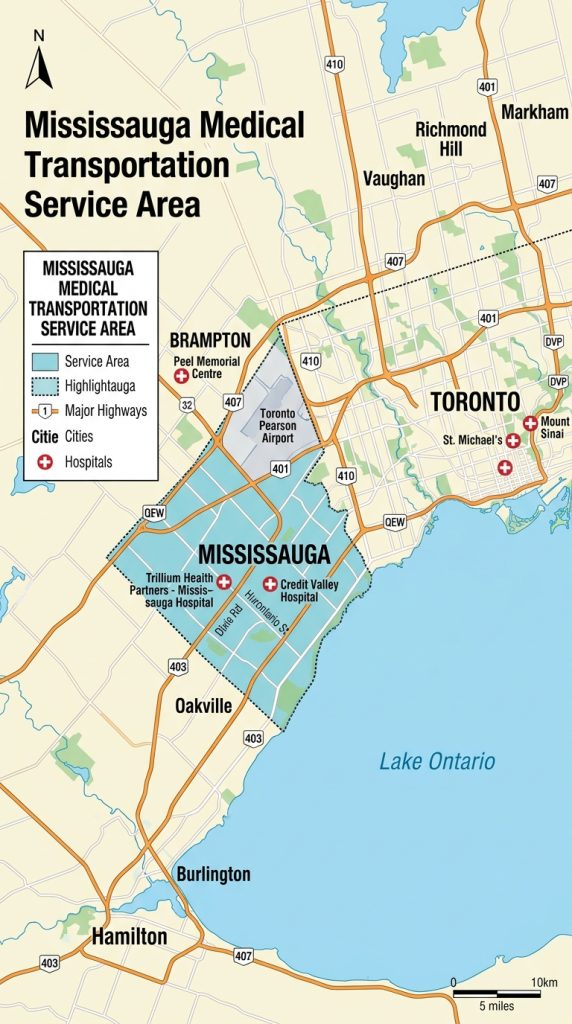 Map highlighting Mississauga medical service area