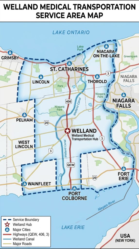 Welland Medical Transportation service area map