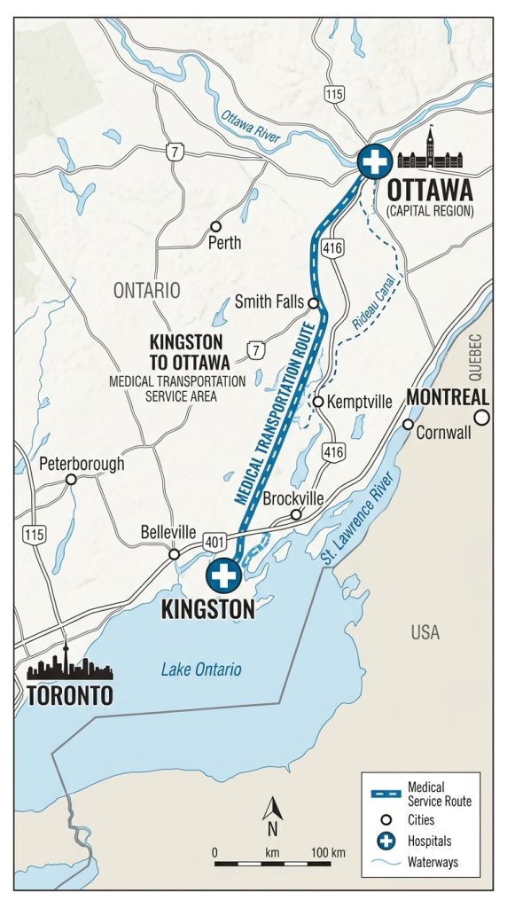 Map showing medical route from Kingston to Ottawa