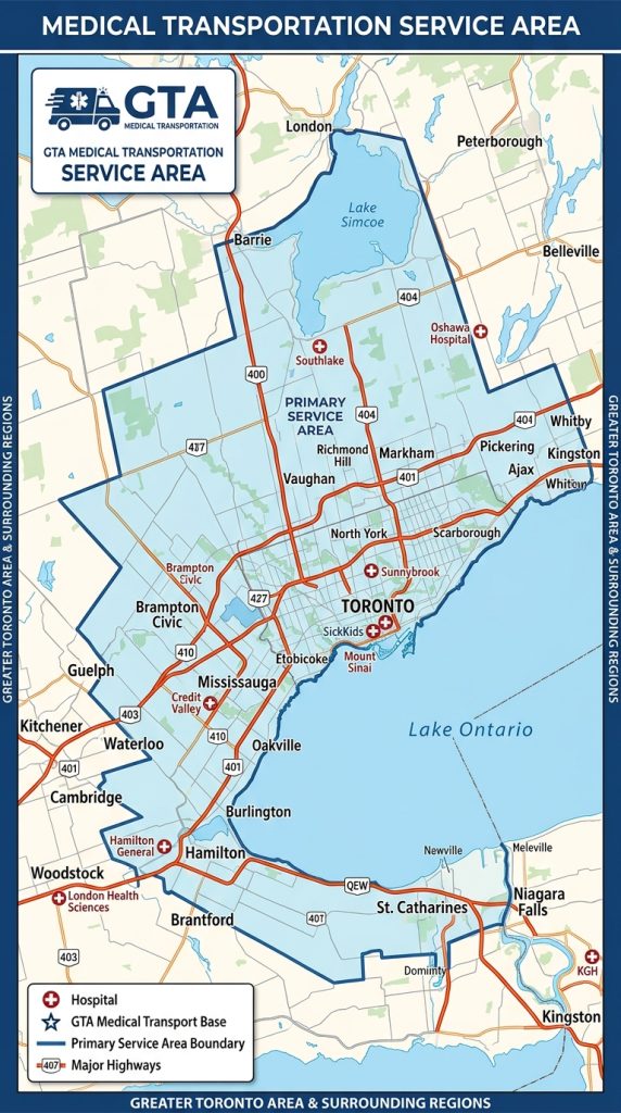 Map of GTA medical transportation service area.
