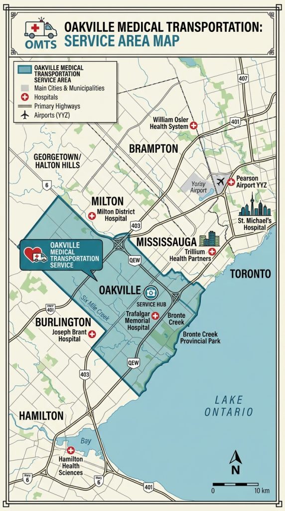 Oakville medical transport service area map.