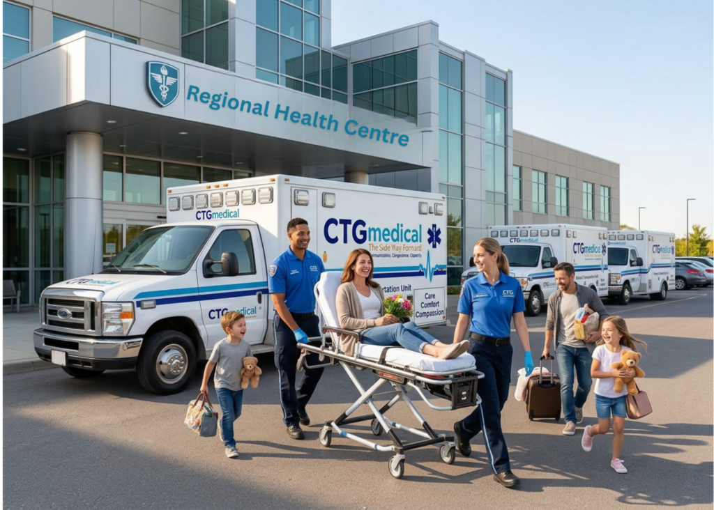 Hospital staff wheel patient outside regional health center