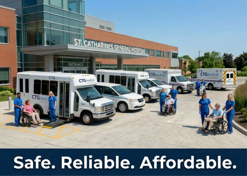 Medical transport vans outside hospital entrance