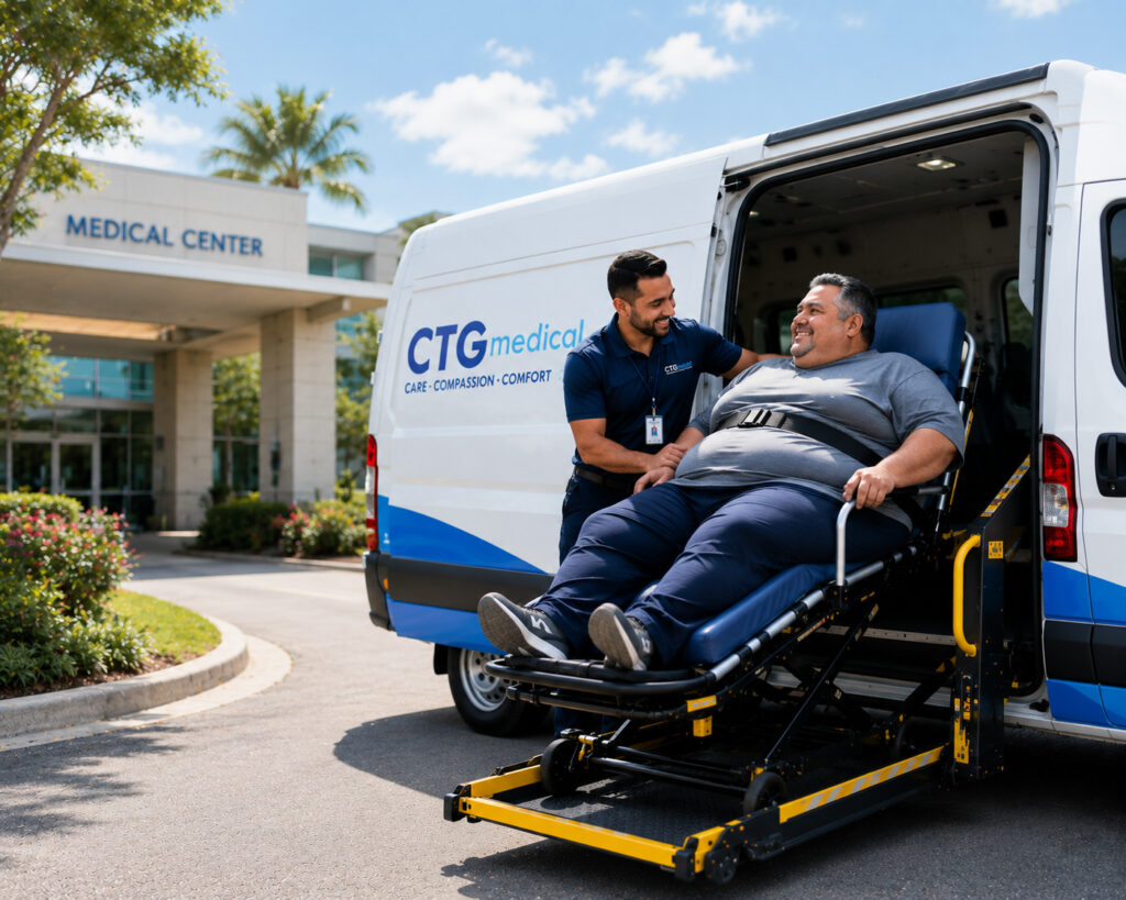Patient exiting medical transport van on stretcher
