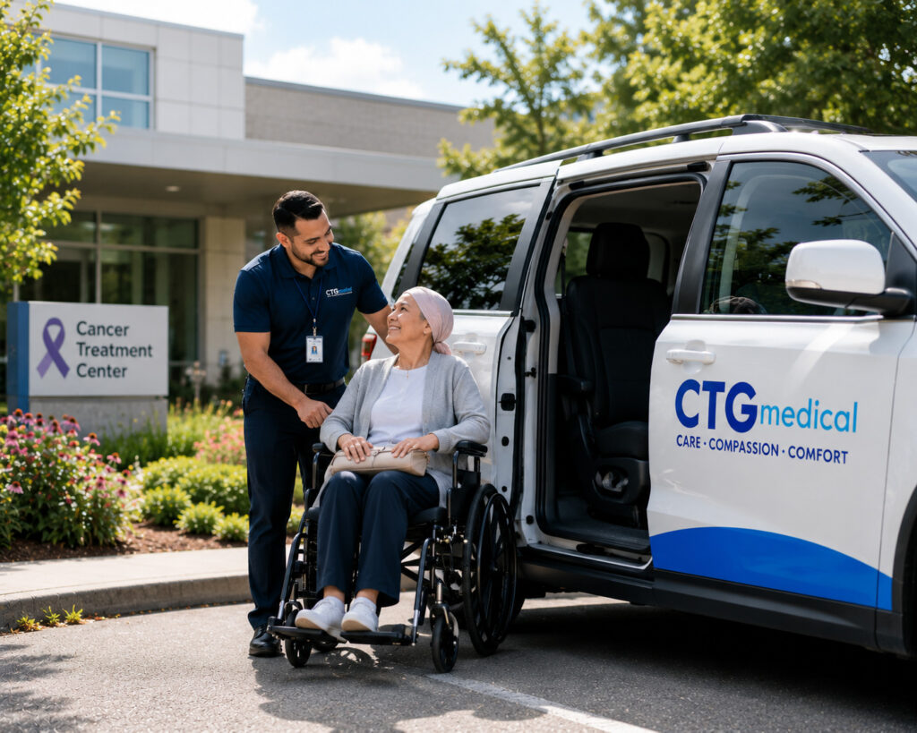 Caregiver assisting patient outside cancer treatment center