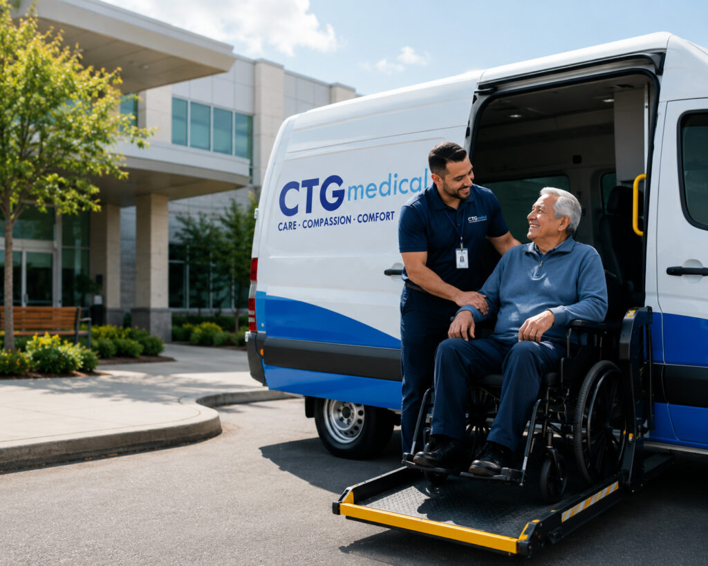 Medical transport assisting senior in wheelchair