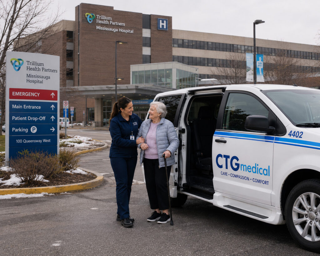 Healthcare worker assists elderly woman outside hospital van
