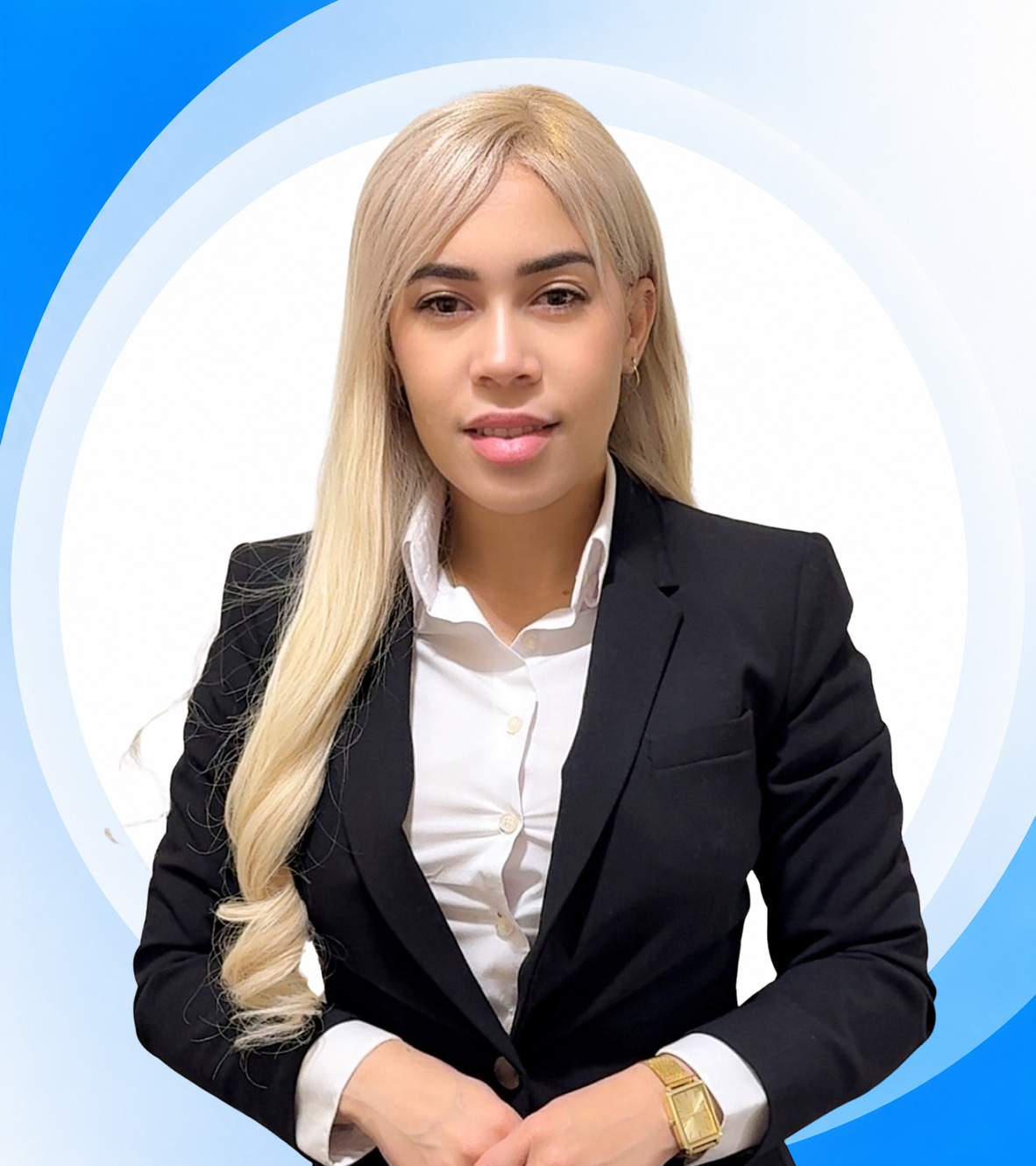 Professional woman in black blazer against blue background