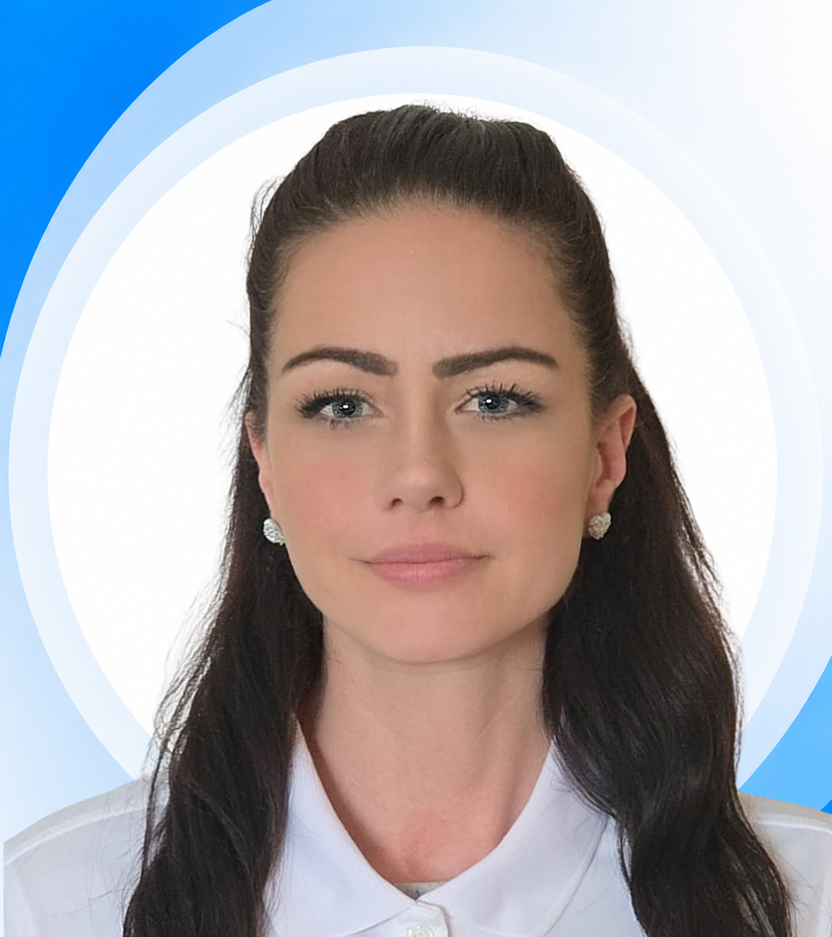Professional headshot of woman with blue background