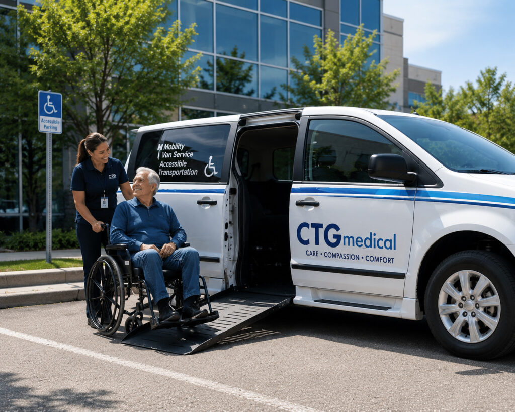 Caregiver assists wheelchair user from accessible medical van