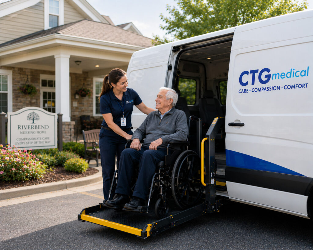 Caregiver assisting senior in wheelchair onto medical van