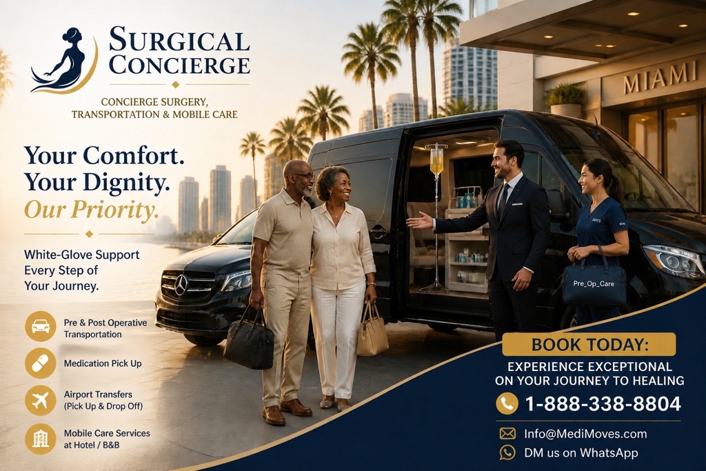 Medical concierge team assisting couple beside luxury van