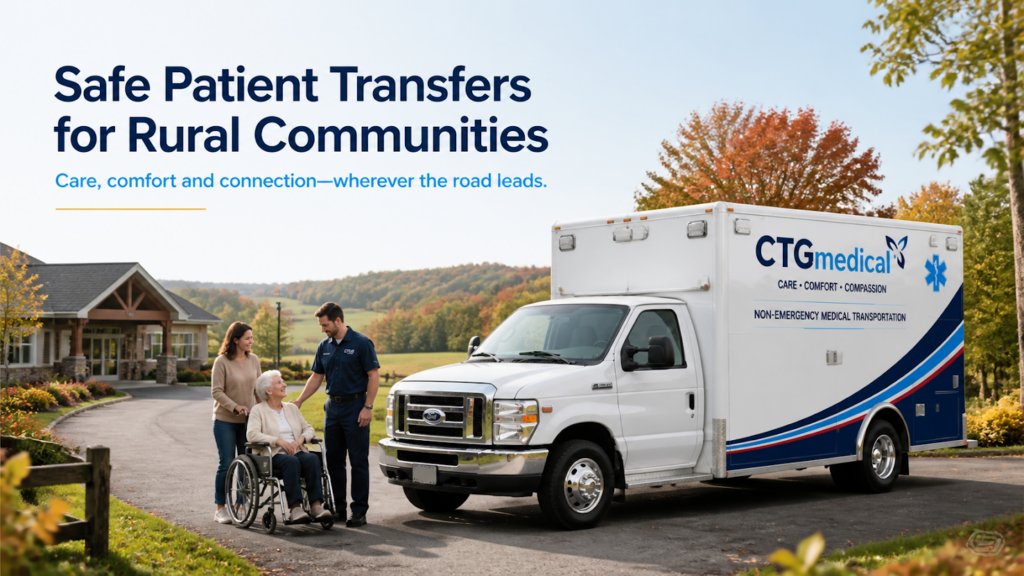Medical transport van assists wheelchair patient in rural setting
