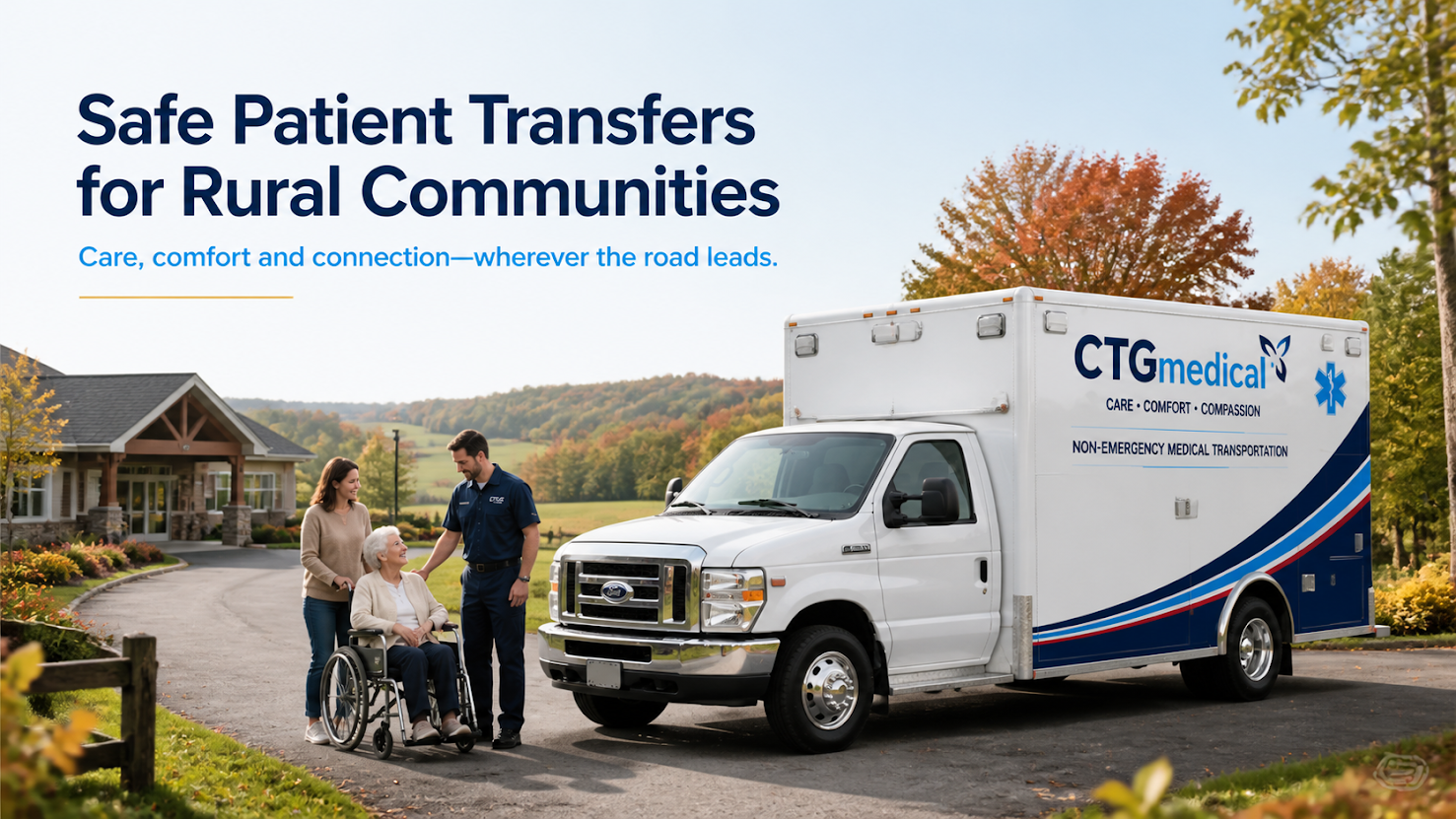 Medical transport van assists wheelchair patient in rural setting