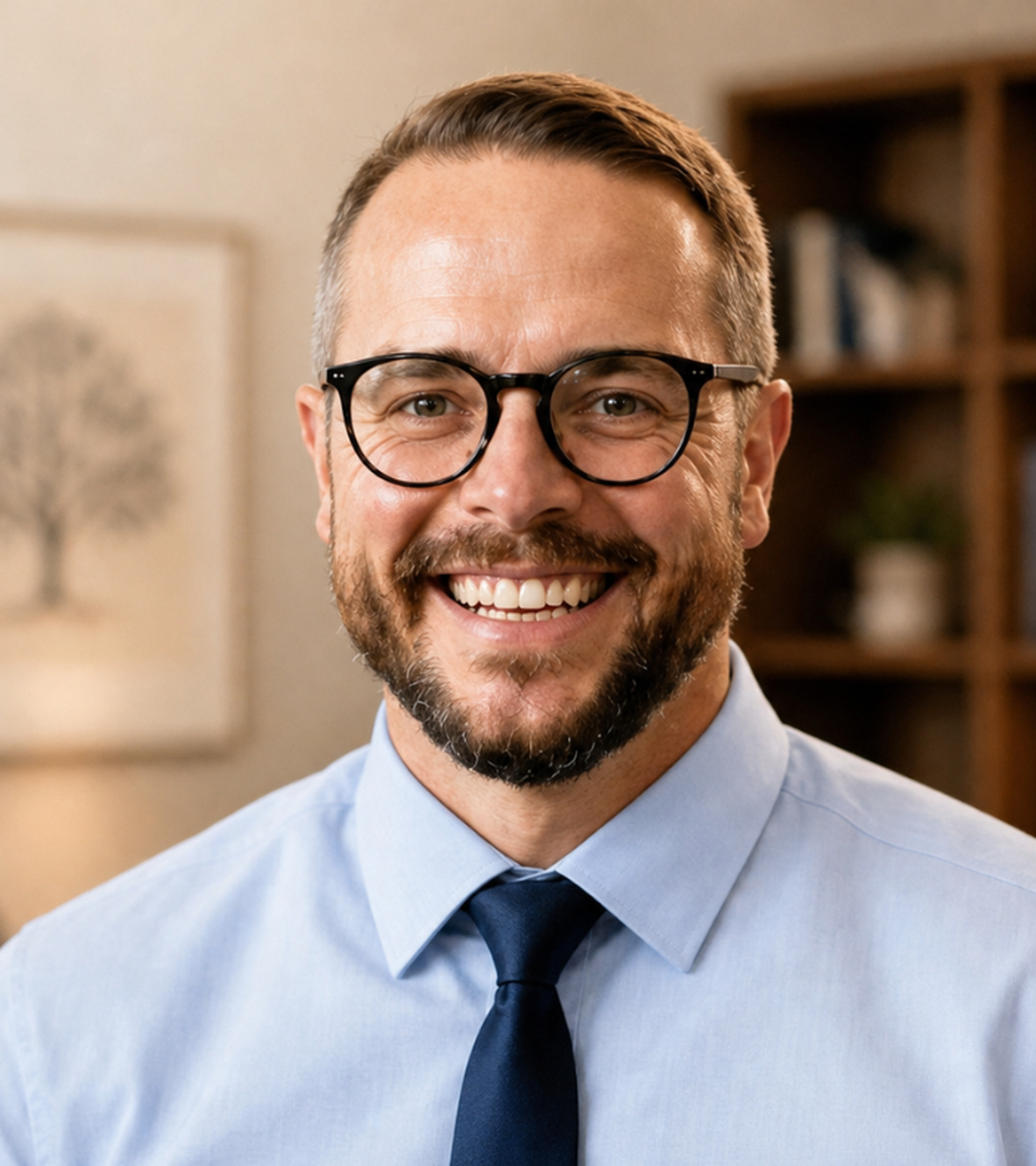 Smiling man with glasses in office setting